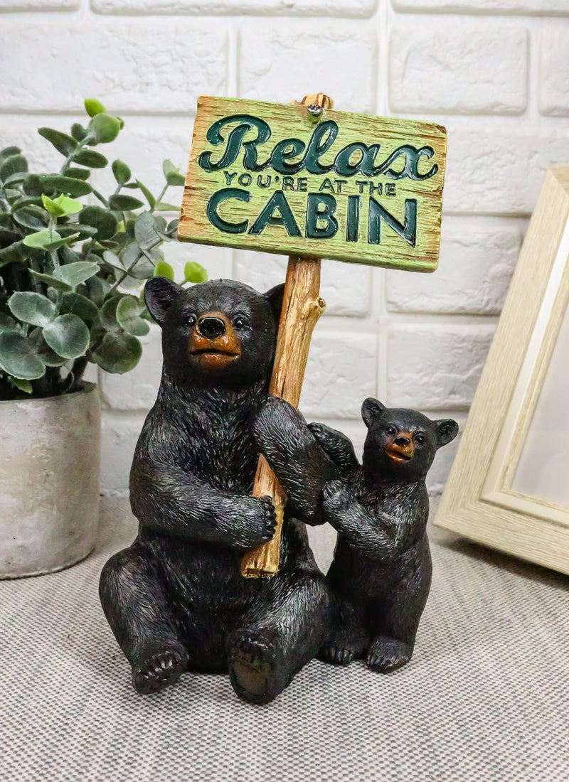 Ebros Rustic Black Bear With Cub Holding Sign Relax You're At The Cabin Statue