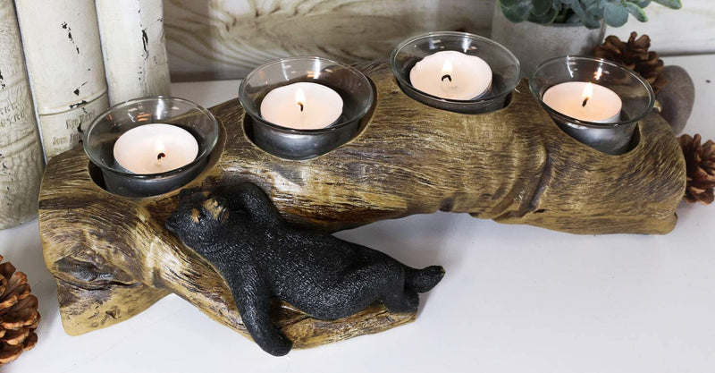 Ebros Black Bear Sleeping On A Log with 4 Votive Candles Holder Stand 12"L