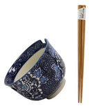 Shades Of Blue Daisy Floral Breeze Porcelain Ramen Soup Bowl With Chopsticks Set