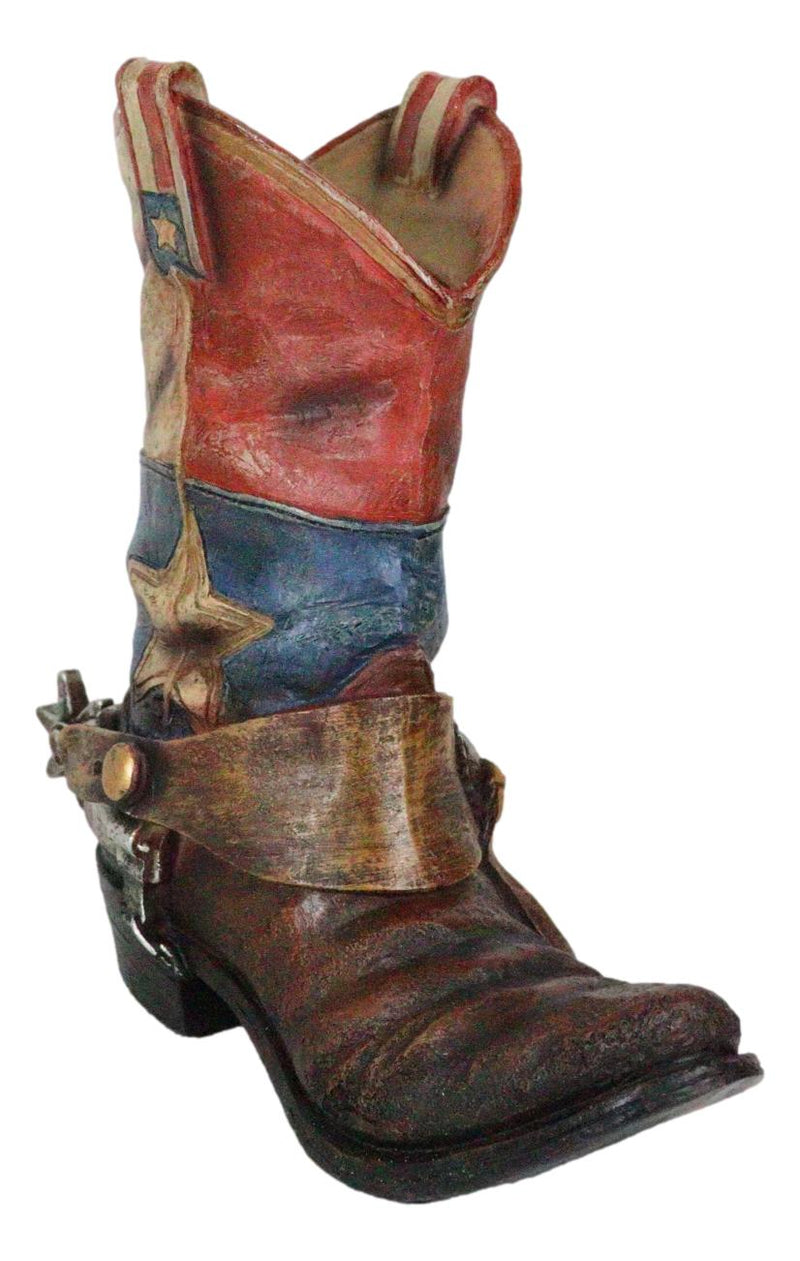 Rustic Western Star Texas Patriot Flag Cowboy Boot With Spur Floral Vase Planter