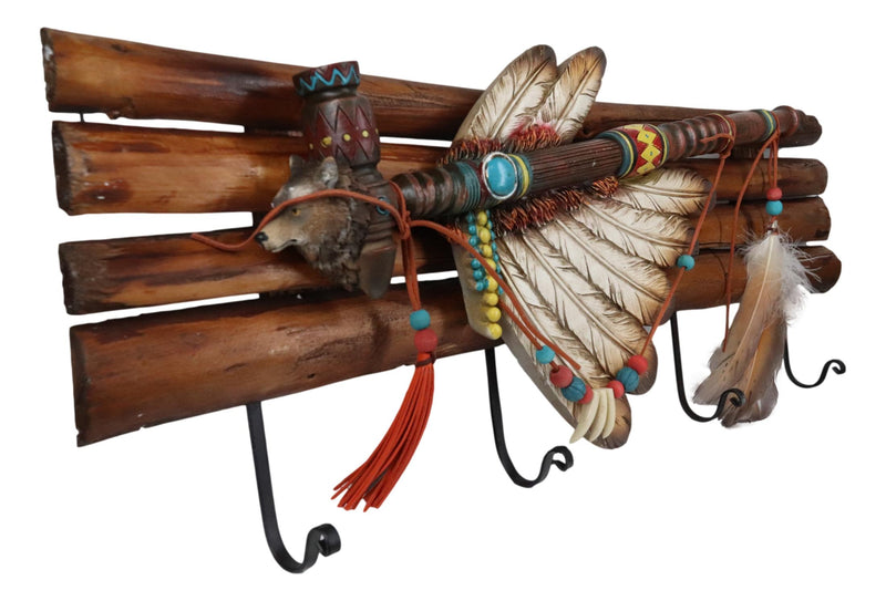 Rustic Western Indian Chief Headdress Calumet Pipe Feathers 4-Peg Wall Hooks