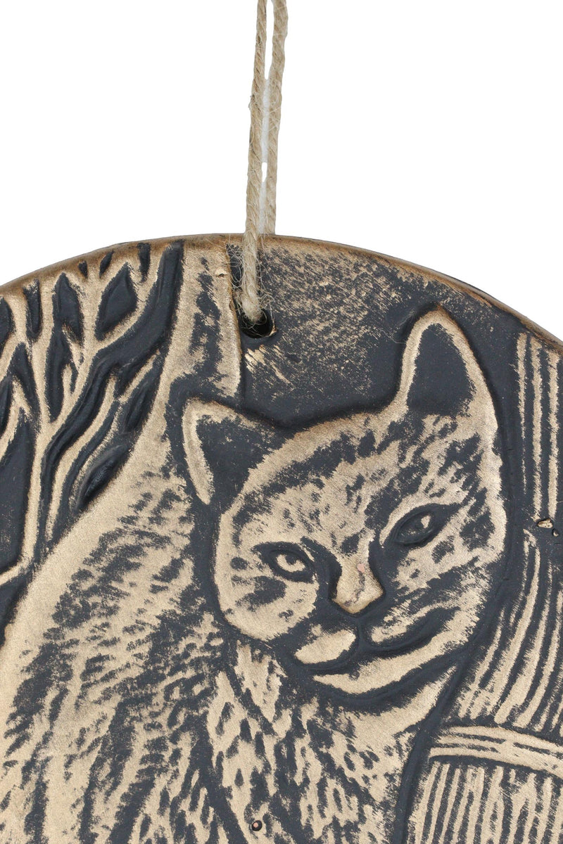 A Brush with Magick Feline Cat With Broomstick Terracotta Medallion Wall Decor