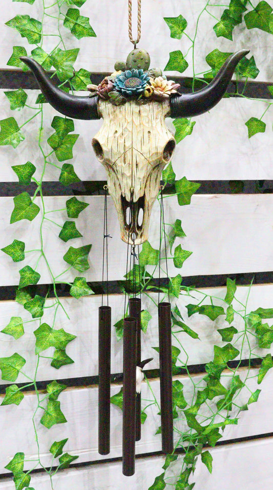 Southwest Rustic White Faux Wood Cow Skull With Floral Succulents Wind Chime