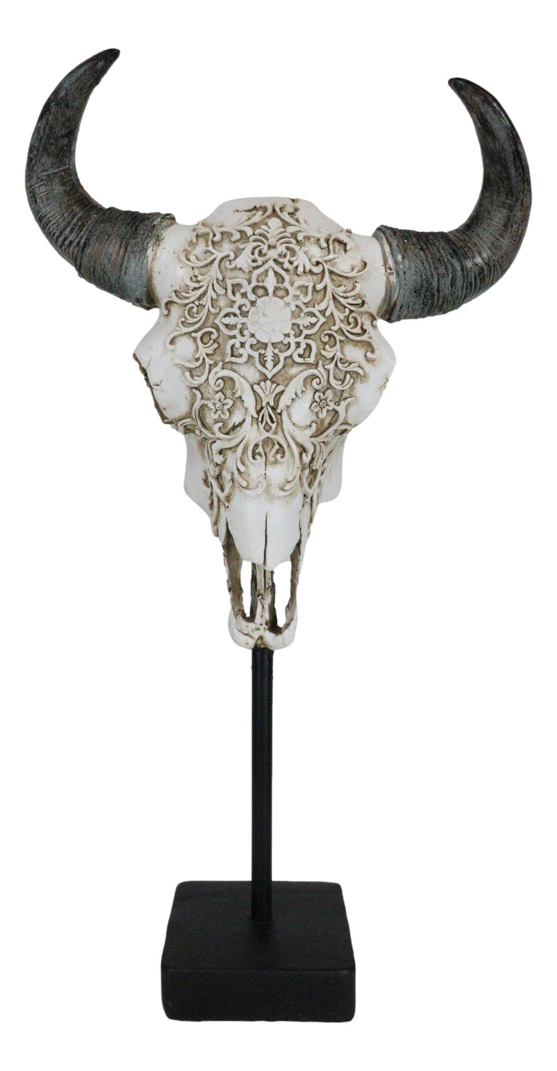 Rustic Tooled Floral Lace Bull Cow Steer Head Skull Sculpture On Pole Display
