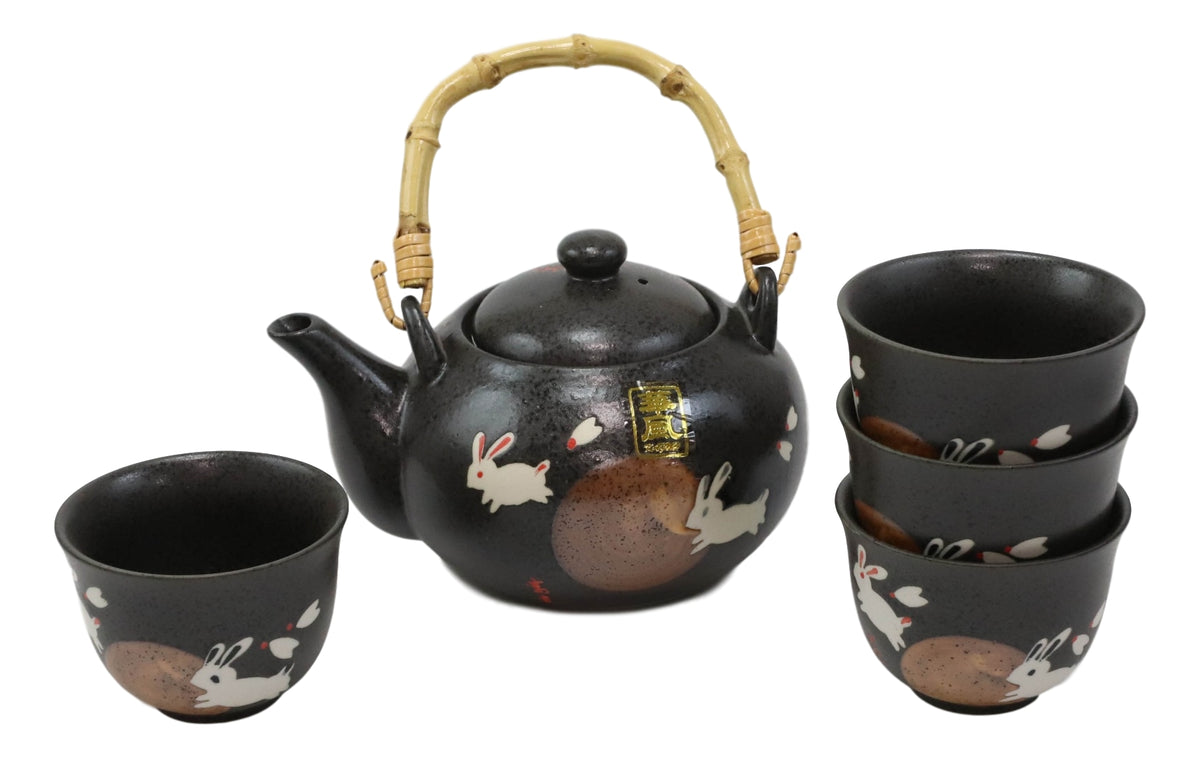 Eastern Folk Zen White Moon Rabbit Hare Black Ceramic Tea Pot With 4 Cups Set - Ebros Gift