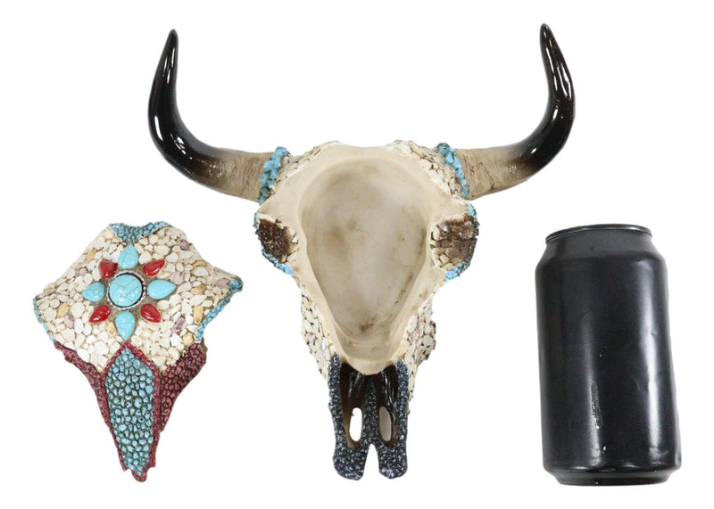 Western Turquoise And Red Teardrop Gems Mosaic Steer Cow Skull Decorative Box