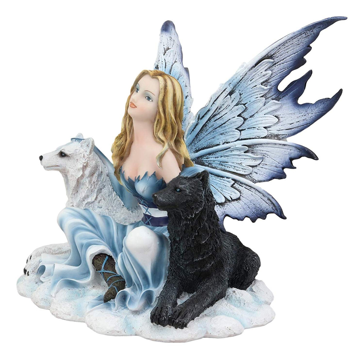 Ebros Blue Frozen Fairy Embracing Black and White Direwolves Statue 9" Long Fantasy FAE Pixie with Wolves in Snow Woodlands Tundra Scenery Figurine Decor of Wolf Timberwolf Fantasy Magic Nymph - Ebros Gift