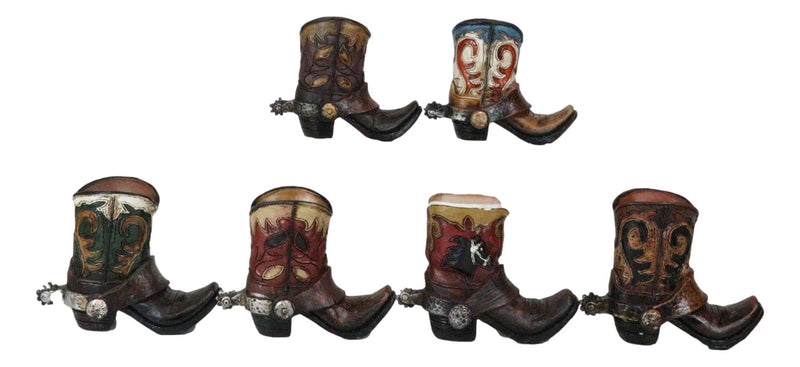 Western Tooled Leather Finish Mini Cowboy Boots With Spurs Figurine Set Of 6