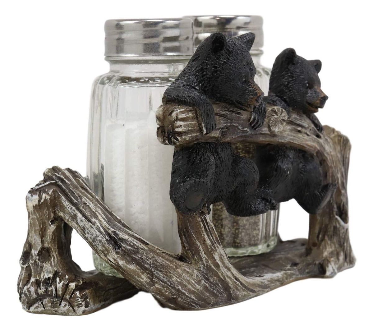 Ebros Rustic 2 Black Bear Cubs On Branch Salt & Pepper Shaker Holder Decor 5" L