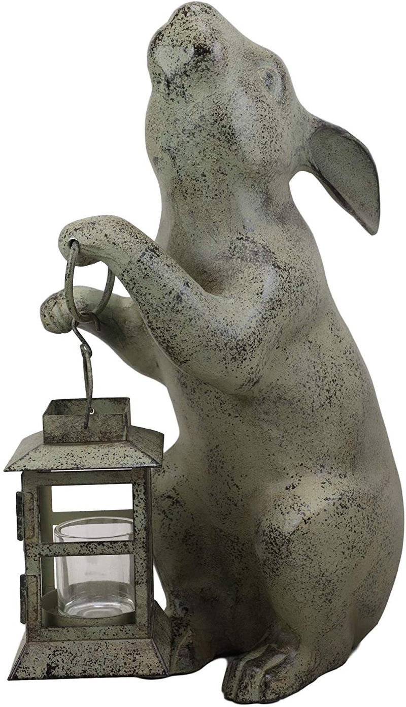 Ebros Verdi Green Bunny Rabbit Holding Rustic Lantern Votive Candle Light Holder