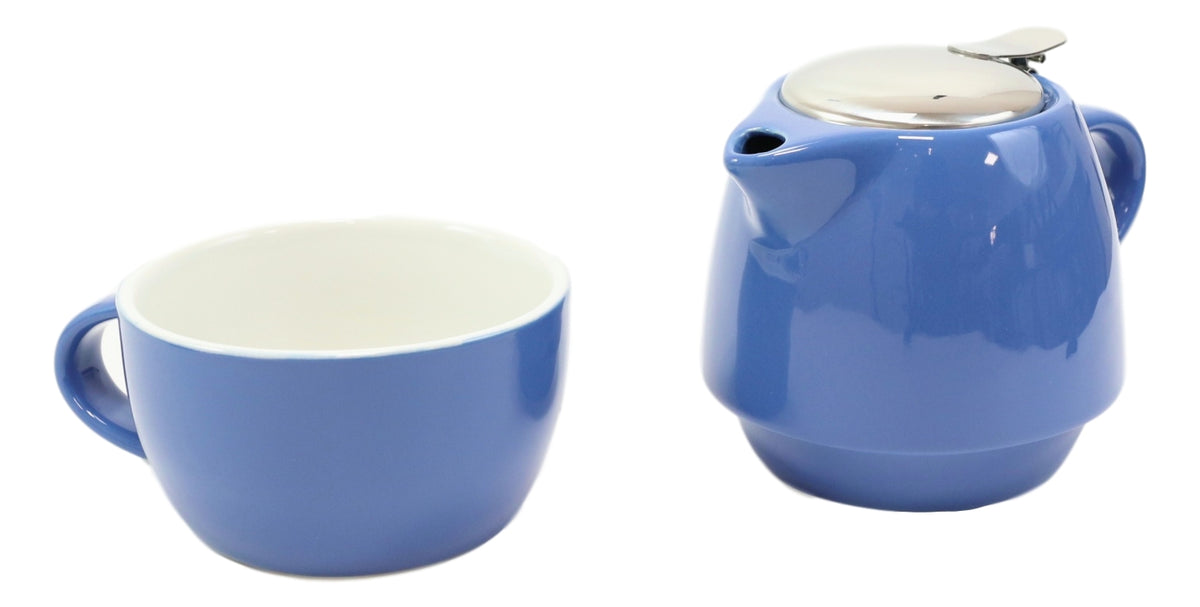 Glossy Blue Contemporary Ceramic Stackable Teapot Set Single Tea Pot With Mug