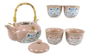 Ebros Auspicious Maneki Neko Lucky Fortune Cat Pink Ceramic Tea Set Teapot And 4 Cups