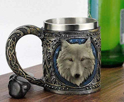 Ebros Alpha Gray Wolf Celtic Tribal Magic Resin 16oz Mug w/ Stainless Steel Rim - Ebros Gift