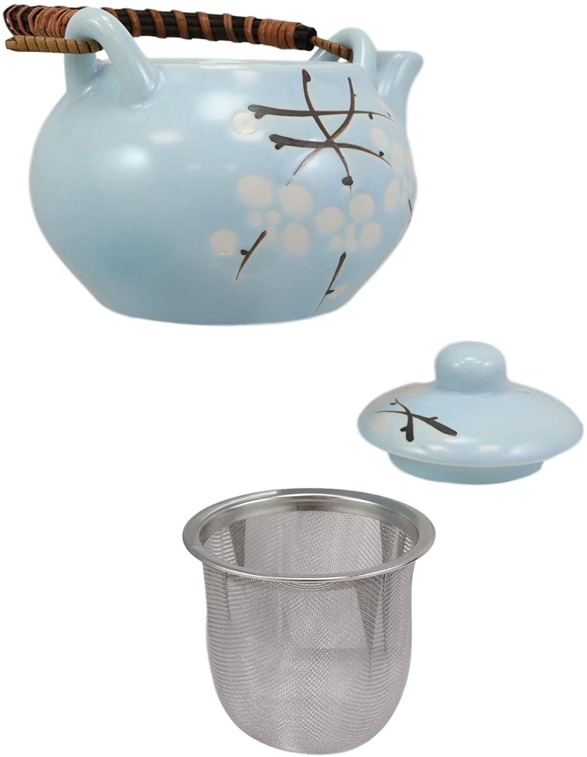 Ebros Cherry Blossom Sakura Pastel Sky Blue Ceramic Tea Pot and Cups Set For 2 - Ebros Gift