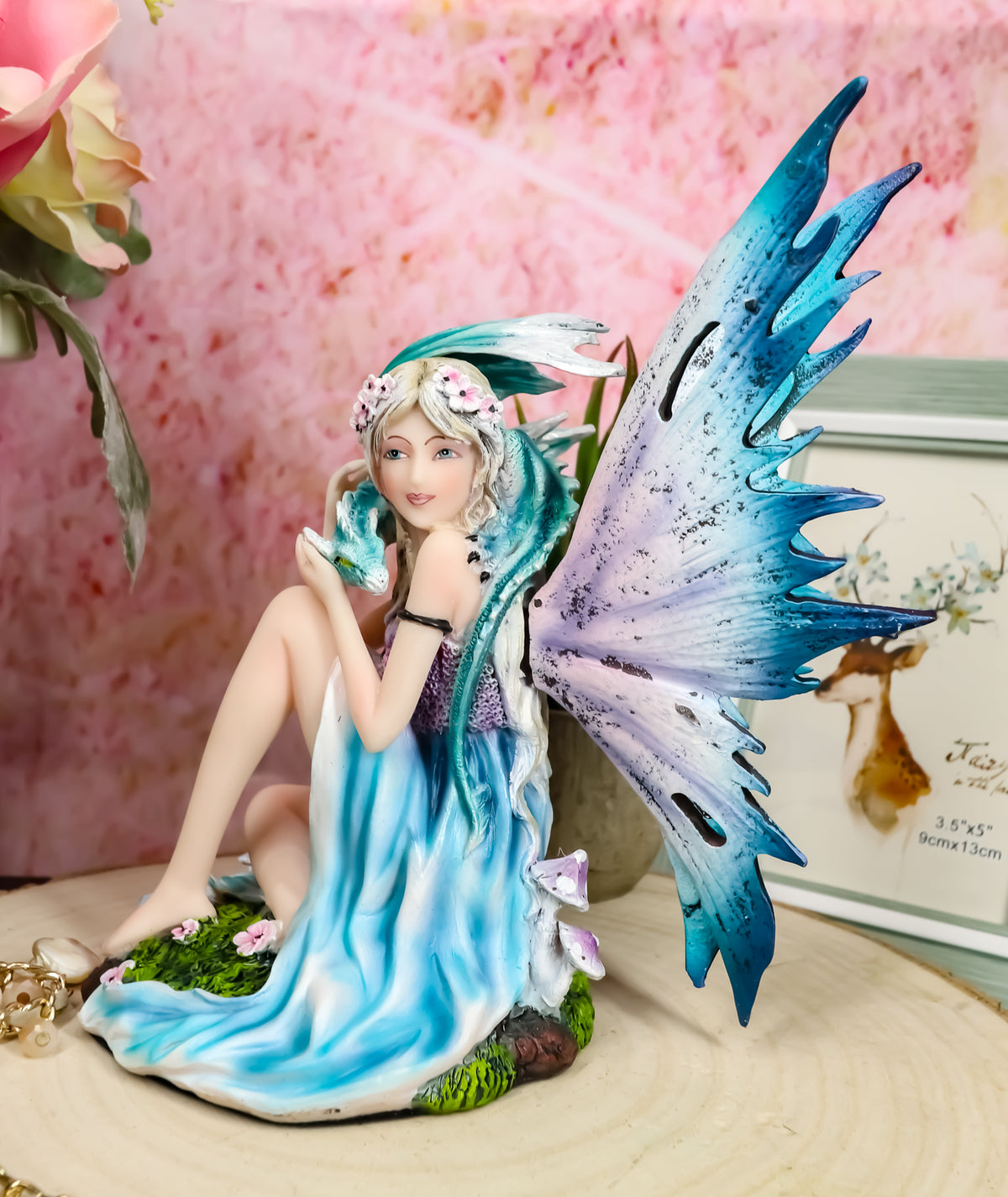 Ebros Water Elemental Fairy W/ Green Dragon Statue 7"H Whimsical Khaleesi Fairy