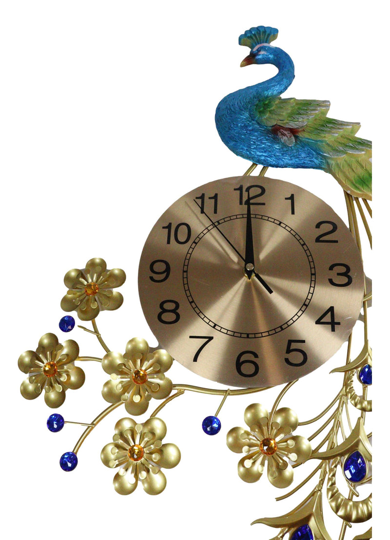 35"H Large Peacock Bird Iris Train Colorful Gold Plated Metal Analog Wall Clock