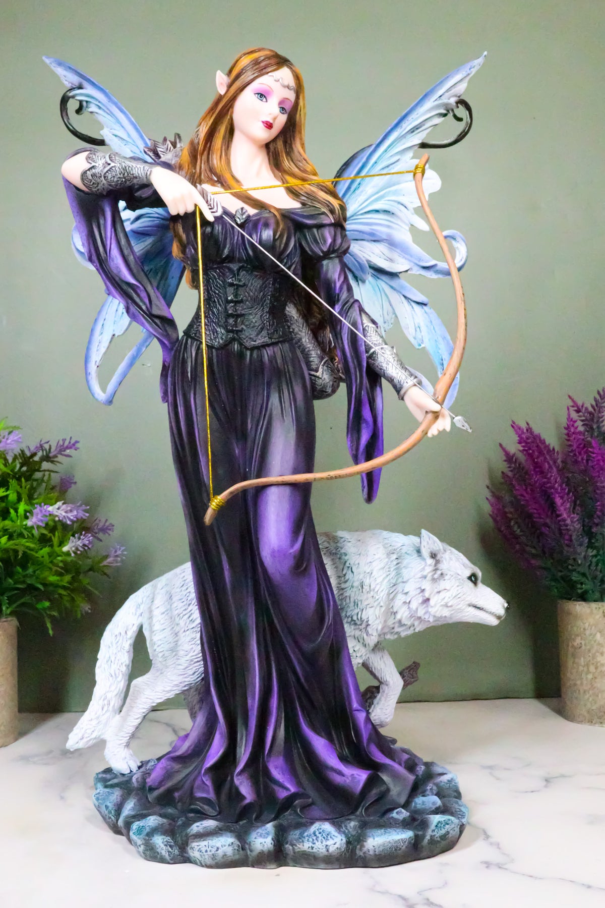 Moon Goddess Artemis Fairy with White Snow Wolf Drawing Bow and Arrow Statue