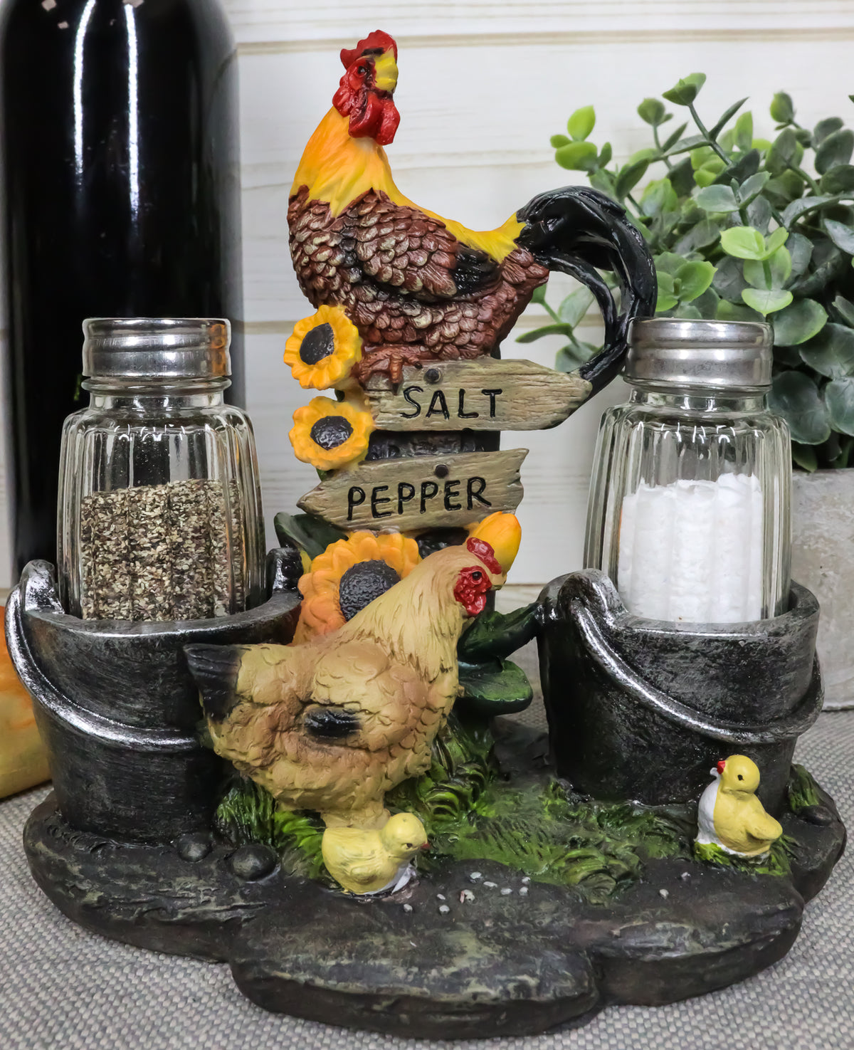 Country Rooster Hen and Chicks Family Salt and Pepper Shakers Holder Set 7"H - Ebros Gift