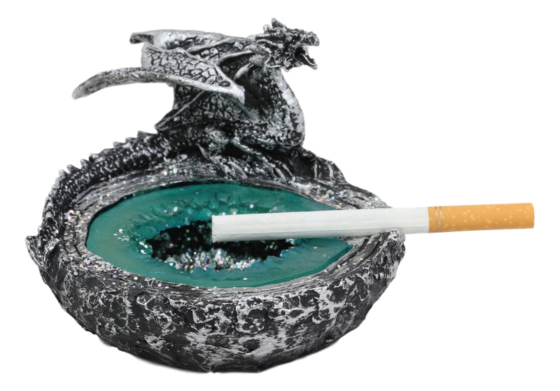 Ebros Crouching Dragon By Turquoise Crystal Pool Quarry Cigarette Ashtray Statue Decor