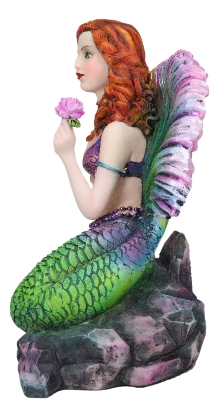 Ebros Gift Brigid Ashwood Fantasy Art Colorful Pastel Nautical Siren Mermaid Ocean Celtic Stone Holding Pink Rose Statue 6" Tall Sea Beach Princess Mermaids Decorative Accent Resin Figurine