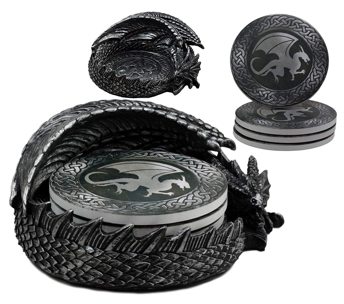 Ebros Medieval Hour Of The Dragon Coaster Set 6.5"L Holder With Four Coasters - Ebros Gift