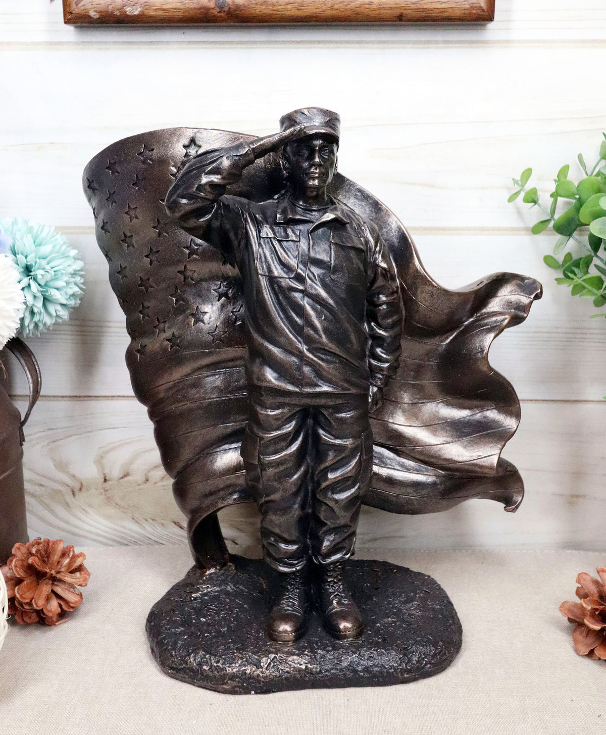 Ebros Solemn Tribute Patriotic American Soldier Saluting The Flag Statue USA Military