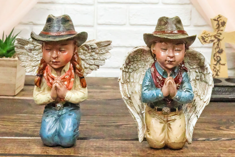 Set of 2 Rustic Western Cowgirl And Cowboy Angel With Hats Praying Figurines