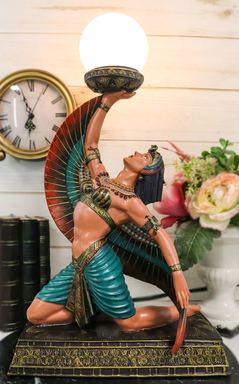 Egyptian Winged Goddess Isis Dancing Side Table Glass Orb Sphere Lamp Statue