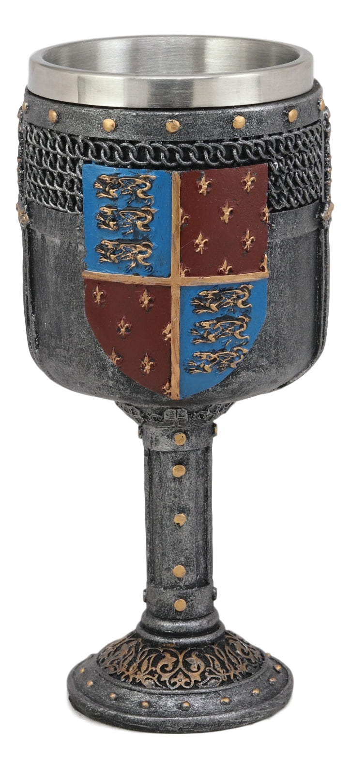 Large Medieval Heraldry Coat Of Arms Fleur De Lis Three Lions Wine Goblet Cup