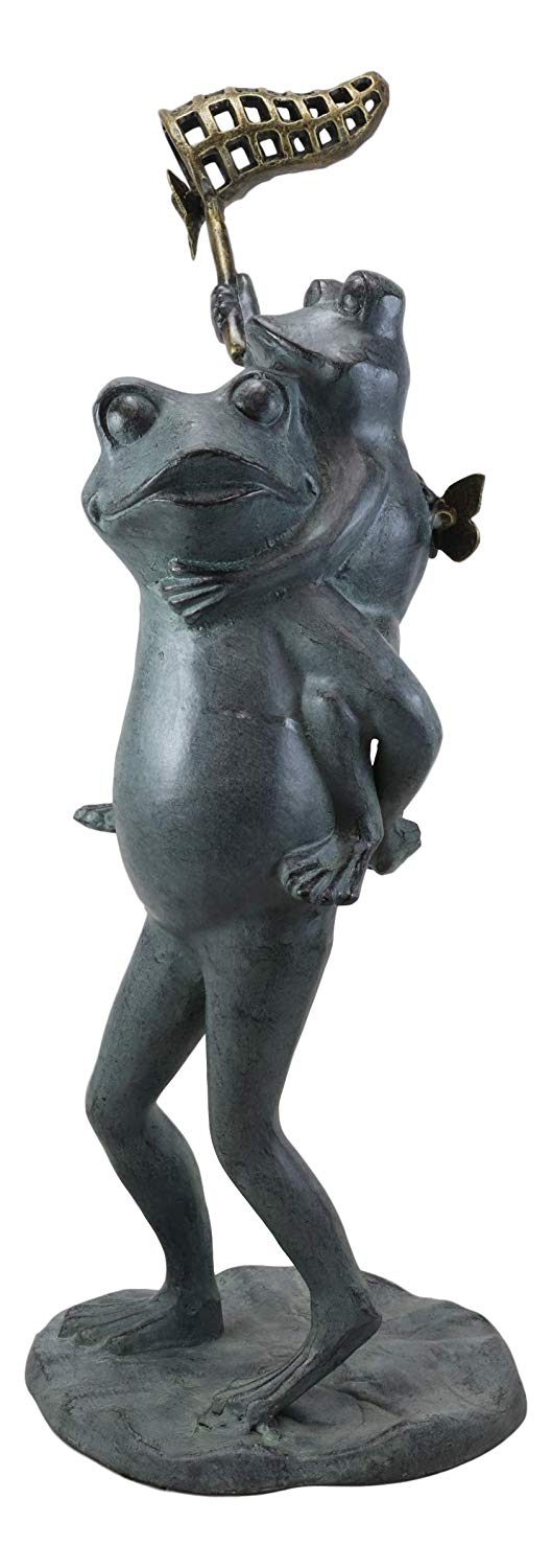 Ebros Gift 25.25" Tall Aluminum Metal Whimsical Father and Son Frog Family with Net Chasing Butterfly Garden Statue Frogs Patio Pool Pond Lawn Yard Decorative Sculpture Feng Shui Zen Accent - Ebros Gift