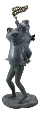 Ebros Gift 25.25" Tall Aluminum Metal Whimsical Father and Son Frog Family with Net Chasing Butterfly Garden Statue Frogs Patio Pool Pond Lawn Yard Decorative Sculpture Feng Shui Zen Accent