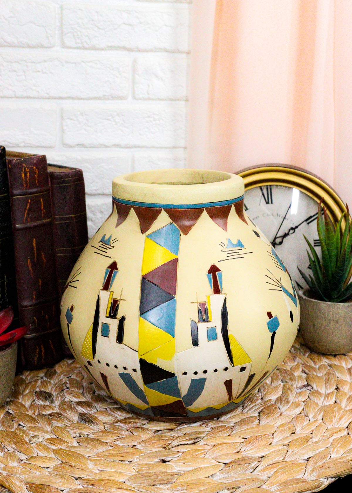 Southwestern Tribal Aztec Mayan God Symbol Feathers Floral Vase Sculpture Decor - Ebros Gift
