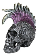 Silver Mohawk Purple Punk Haired Skull In Tooled Peacock Feathers Tattoo Statue