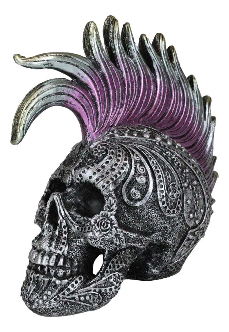 Silver Mohawk Purple Punk Haired Skull In Tooled Peacock Feathers Tattoo Statue