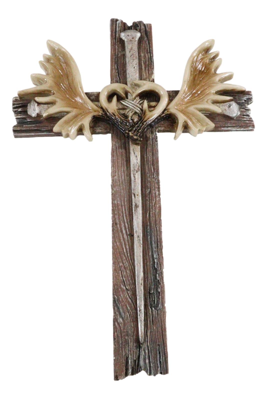Inspirational Grand Elk Moose Bone Antlers with Spike Nails Faux Wood Wall Cross