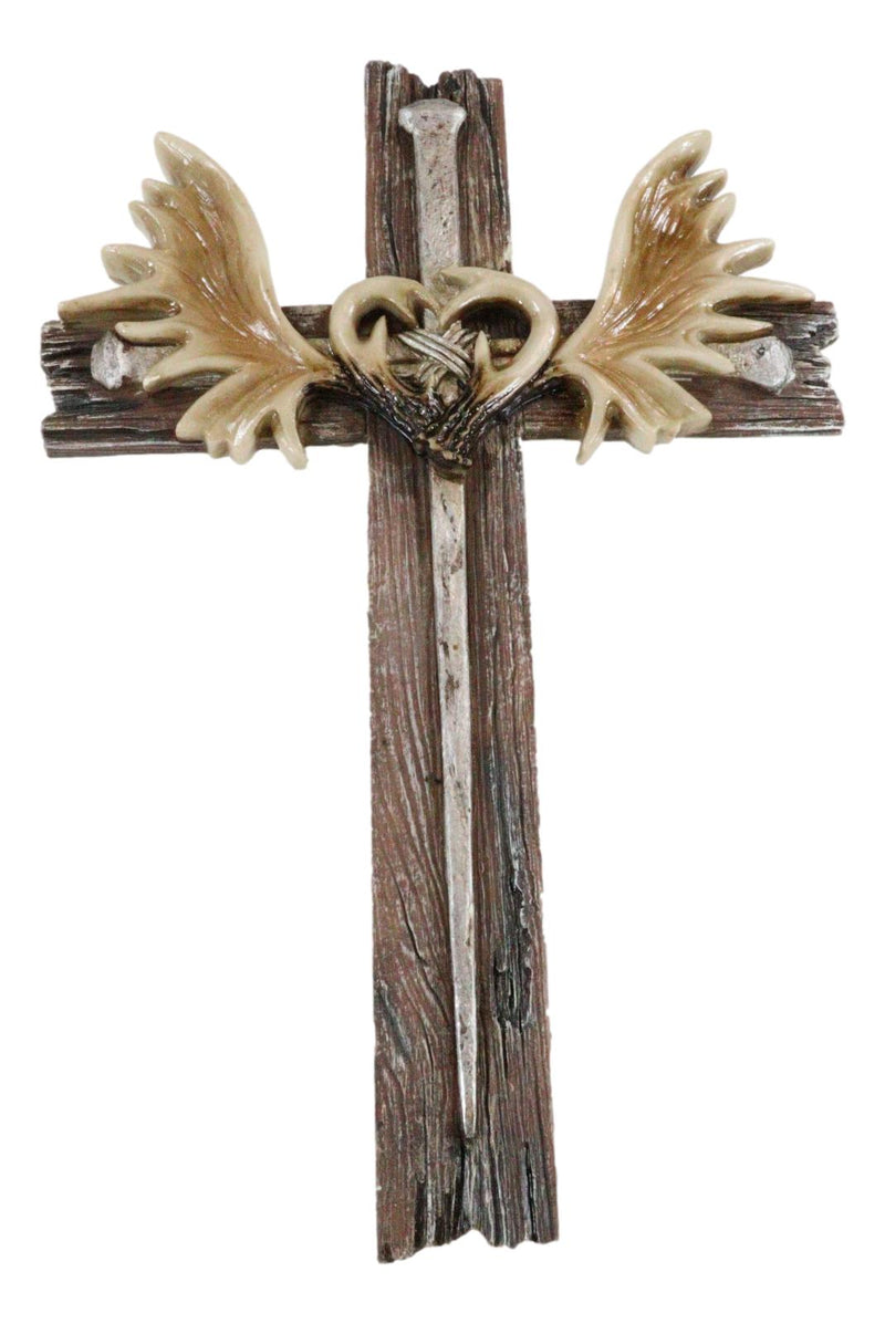 Inspirational Grand Elk Moose Bone Antlers with Spike Nails Faux Wood Wall Cross