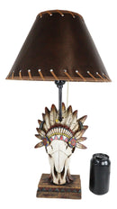 Western Cow Skull with Tribal Indian Chief Feathers Roach Headdress Table Lamp