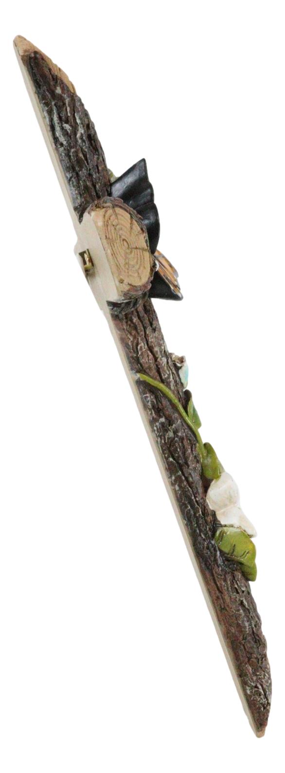 Rustic Western Butterfly Flitting On Flower Vines Faux Wooden Bark Wall Cross