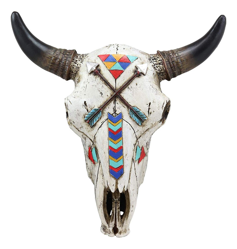Ebros 10.75" High Western Southwest Steer Bison Buffalo Bull Cow Horned Skull Head with Two Crossed Arrows and Geometric Pyramids Design Wall Mount Decor - Ebros Gift