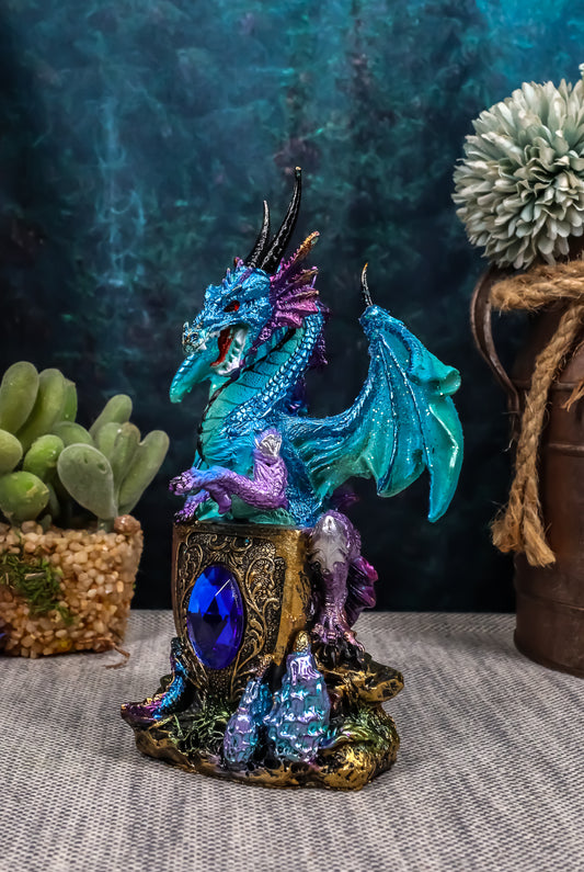 Aqua Azure Dragon Guarding Blue Saphire Ancient Relic Stone Figurine Collectible - Ebros Gift