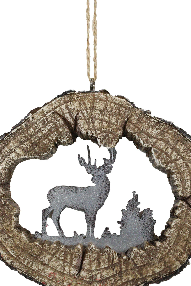 Rustic Western Stag Deer Faux Wood Log Slice Set of 4 Christmas Tree Ornaments