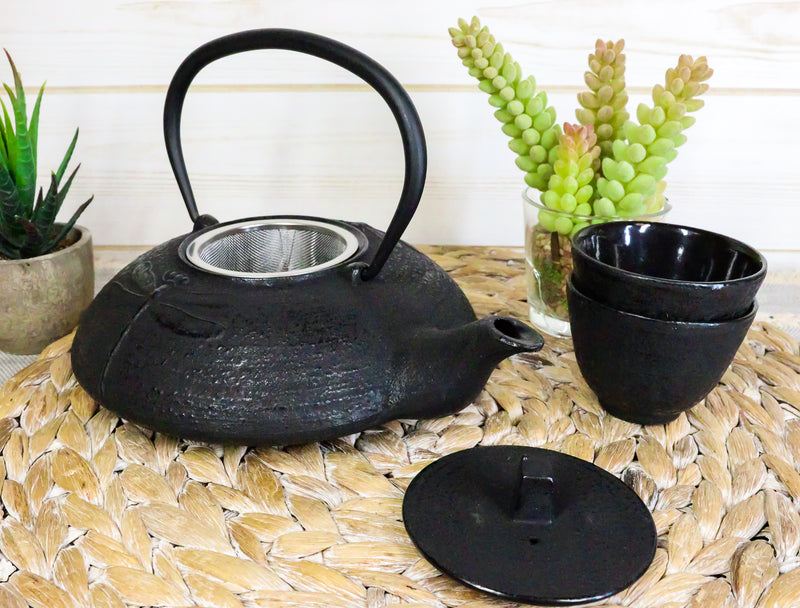Japanese Tombo Dragonfly Black Heavy Cast Iron Tea Pot and Two Cups Set Asian