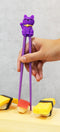 Purple Maneki Neko Lucky Cat Reusable Training Chopsticks Set W/ Silicone Helper