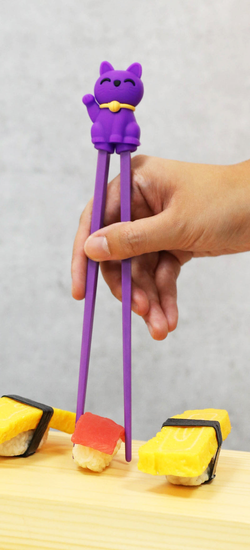 Purple Maneki Neko Lucky Cat Reusable Training Chopsticks Set W/ Silicone Helper