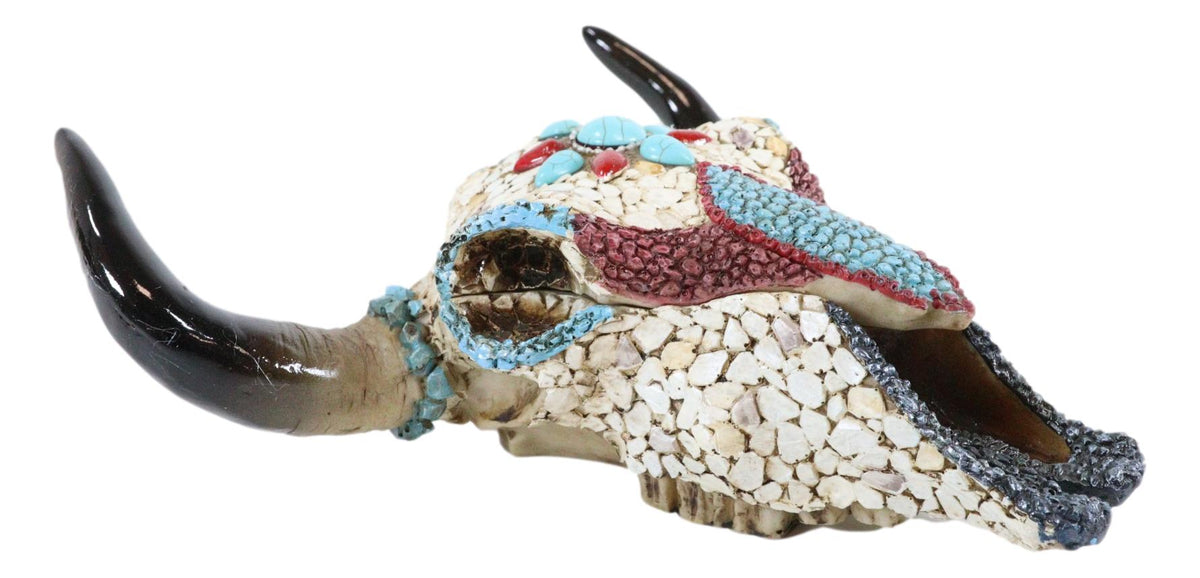 Western Turquoise And Red Teardrop Gems Mosaic Steer Cow Skull Decorative Box