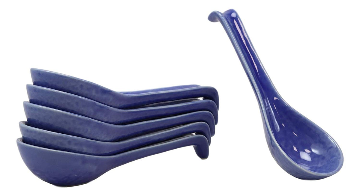 Ebros Japanese Modern Porcelain Soup Spoons With Ladle Hook Pack Of 6 (Blue) - Ebros Gift