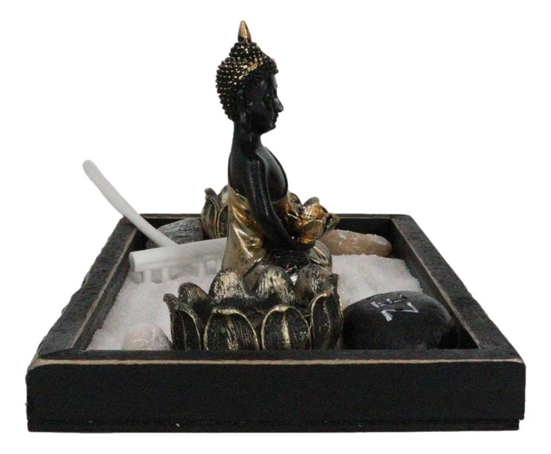 Meditating Gold Robe Buddha Zen Garden Kit With Lotus Candle Holders Sand Rake