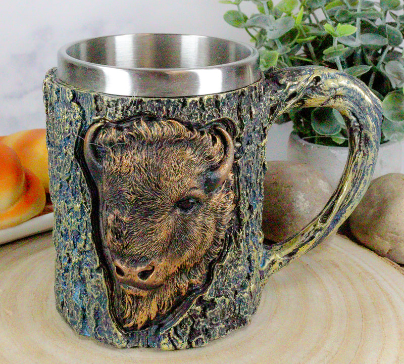 Ebros Nature Wild Bison Mug With Rustic Tree Bark Texture Design In Painted Bronze Finish 12oz Drink Beer Stein Tankard Coffee Cup