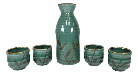 Ebros Japanese Design Porcelain Wetlands Reed Rice Wine Sake Flask With Four Cups Set - Ebros Gift