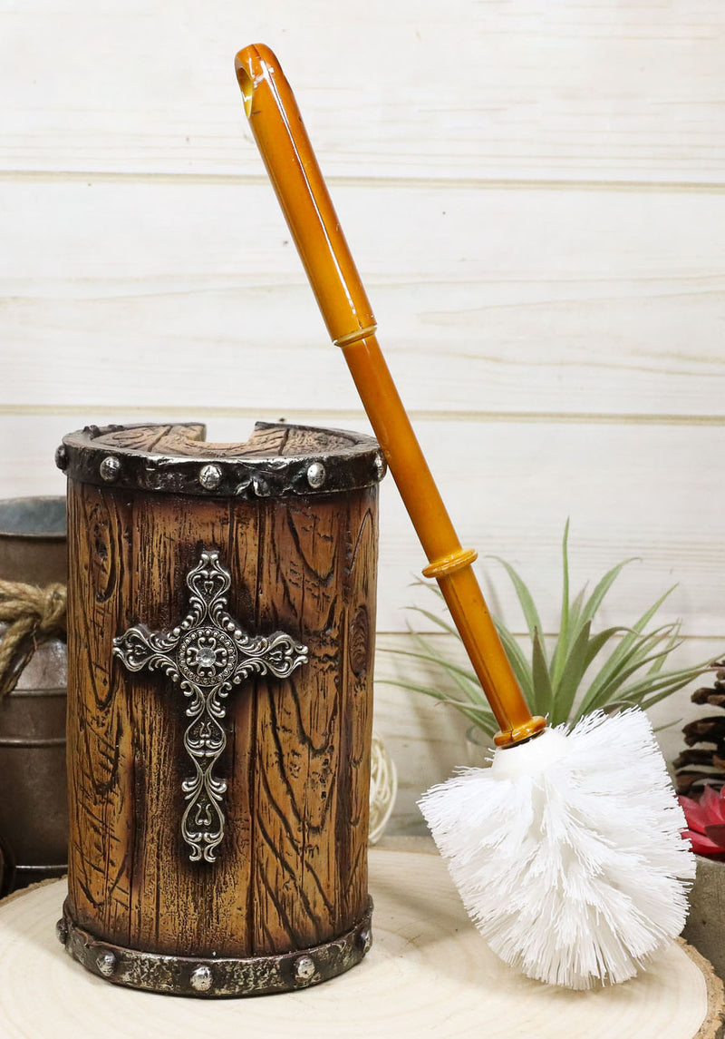 Country Rustic Western Silver Scroll Cross Faux Wood Toilet Brush And Holder Set